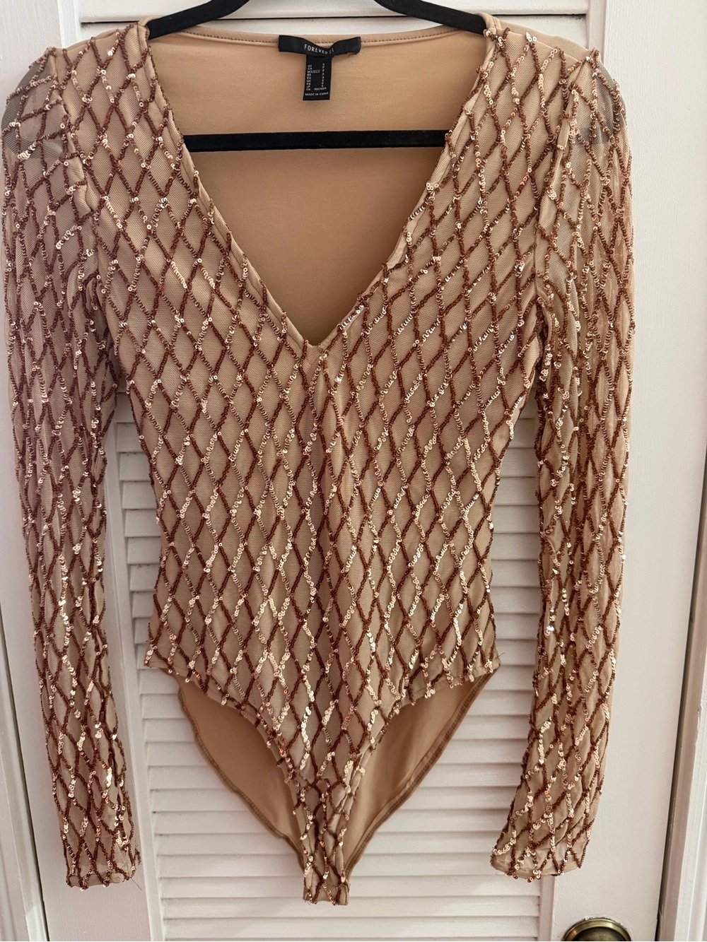 Forever 21 Nude Sequin Mesh-Overlay Long-Sleeve Bodysuit for Women Size Small